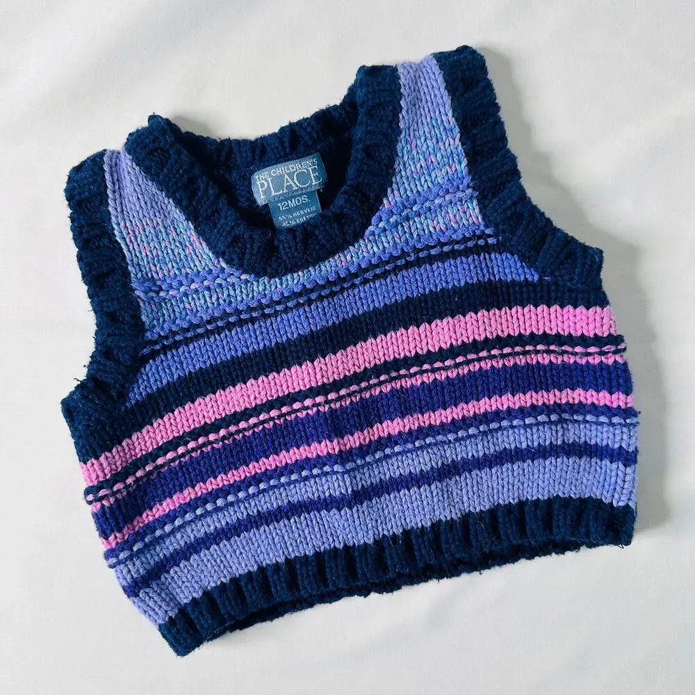 Y2K TCP The Children's Place Purple Striped Knit Sweater Vest Sz 12mo